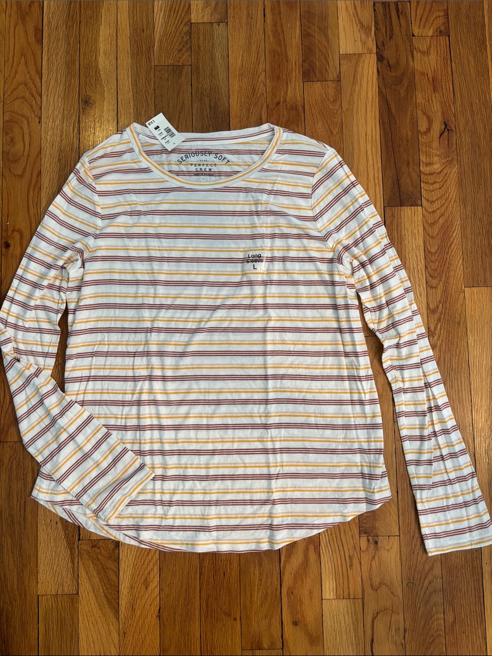 Aeropostale White Long Sleeve Striped Crewneck Top with Rust & Yellow Bands